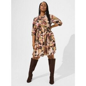 Torrid Mini Clip Keyhole‎ Dress Abstract Print Tie Neck 3/4 Sleeve Chiffon Lined